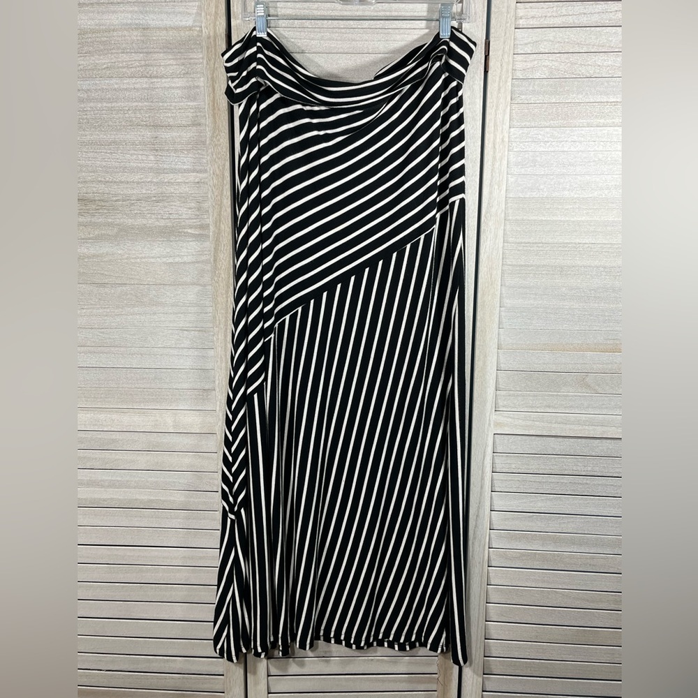 MIK Maxi Skirt Pull On w Foldover Waist Black/White Stripe-XXL